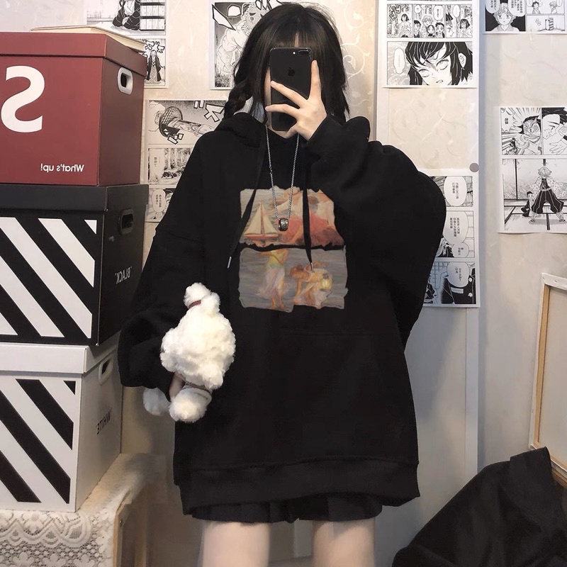 Áo Hoodie Nỉ Bông Tay Dài Túi Bụng Unisex Hoạ Tiết