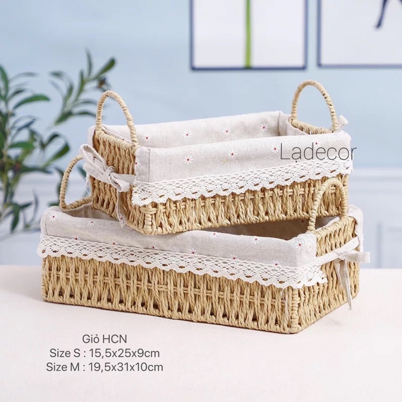 Giỏ cói lót vải Vintage có tay cầm đựng đồ cá nhân , giỏ picnic nhỏ xinh