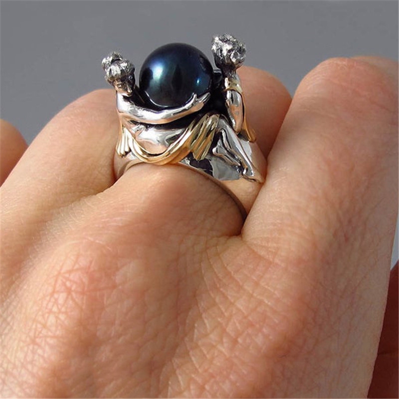 Nhẫn Đính Hôn Đính Hạt Ngọc Trai Đen Thanh Lịch Cho Nữ