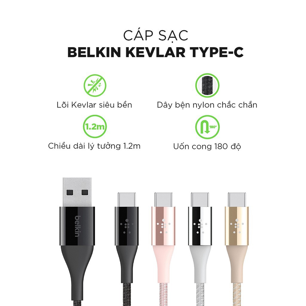 Cáp sạc 1.2M TYPE C BELKIN MIXIT↑™ DURATEK™ F2CU059BT04-BLK bọc sợi Kevlar