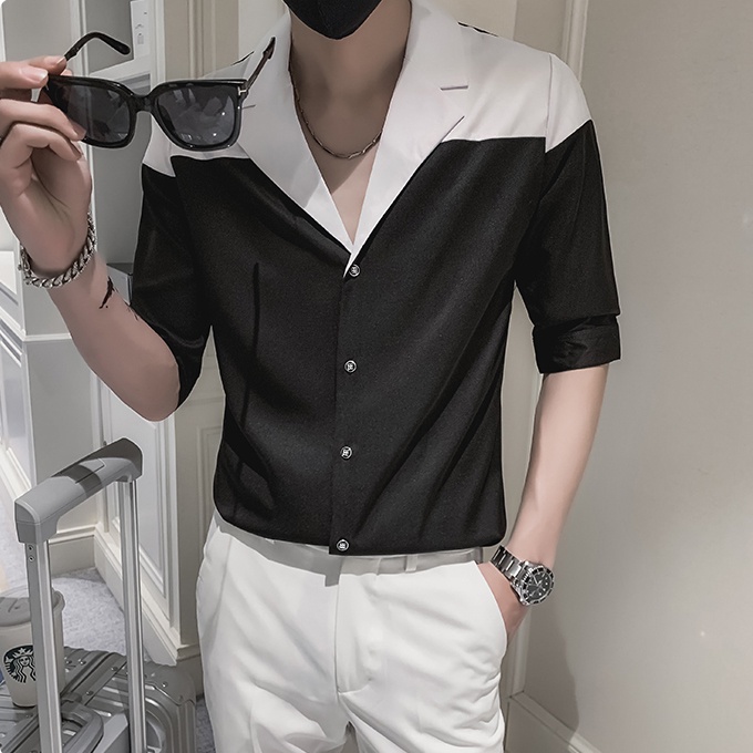 Áo sơ mi nam đen phối trắng Classic Cổ Vest, sơmi phong cách Hàn Quốc lịch lãm SH031 | BigBuy360 - bigbuy360.vn