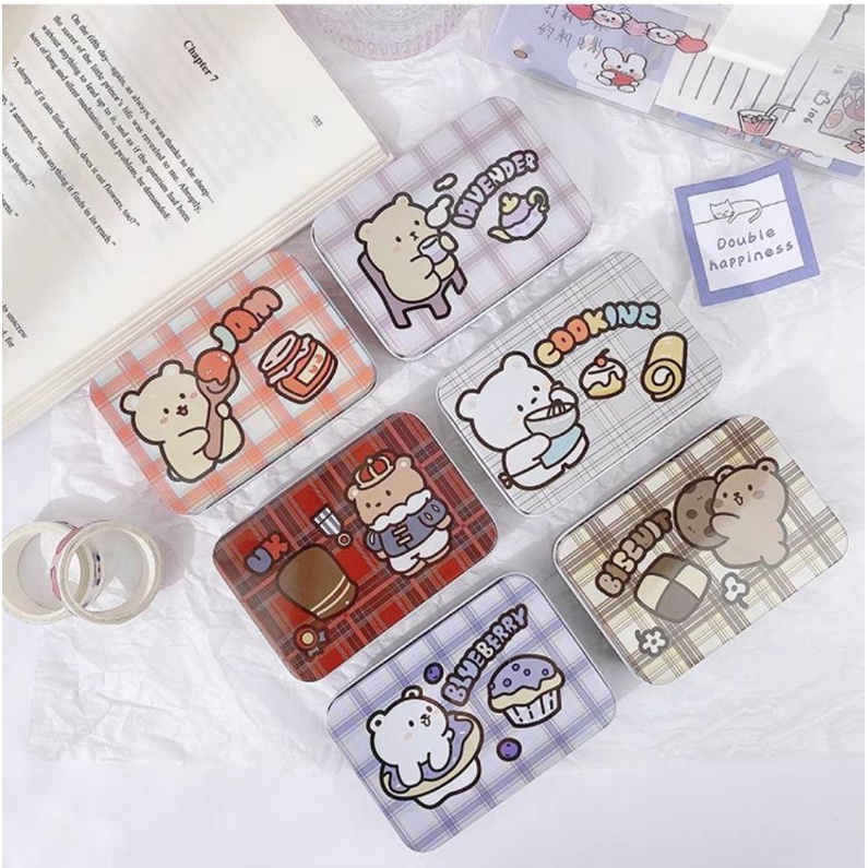 Hộp thiếc mini hình gấu vintage đựng trang sức, phụ kiện, pan màu đáng yêu