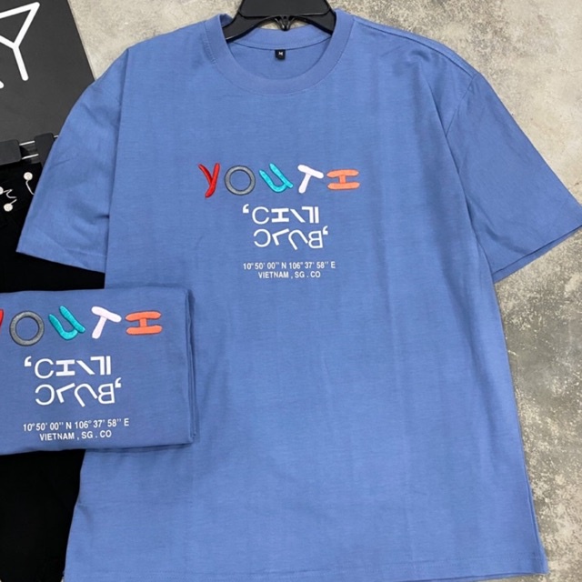 Áo Thun Tay Lỡ Unisex YOUTH màu XANH  Form Nam Nữ Unisex - Kiểu áo phông cổ tròn form rộng