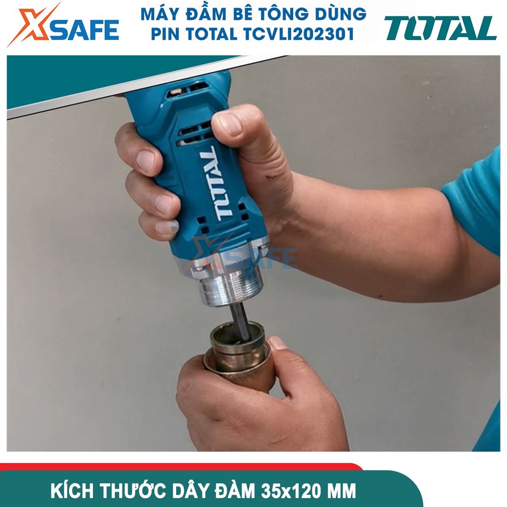 Máy đầm bê tông dùng pin Lithium-ion 20V TOTAL TCVLI202301, kích thước dây đàm Φ35x120mm, tốc độ không tải 2300 vòng/ph