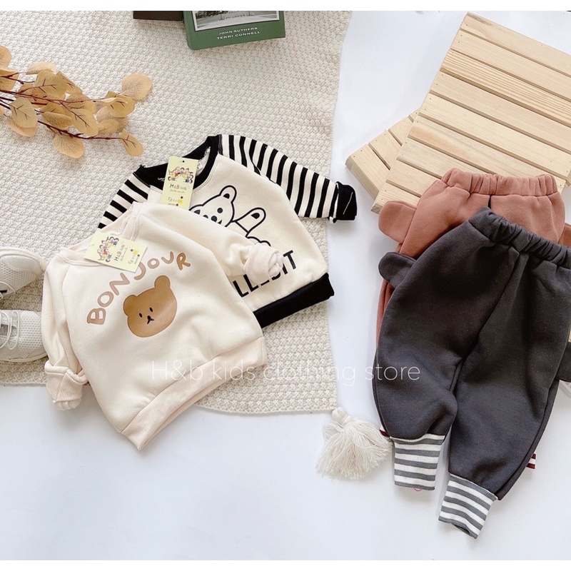 Bộ thun nỉ bông siêu ấm họa tiết gấu cho bé trai từ 8-20kg