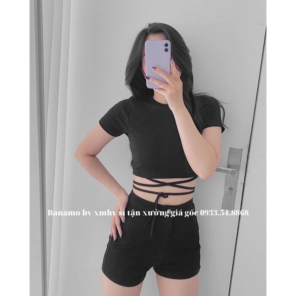Áo thun nữ croptop cộc tay phối dây eo thời trang Banamo Fashion chất cotton áo croptop cộc tay dây eo 3123
