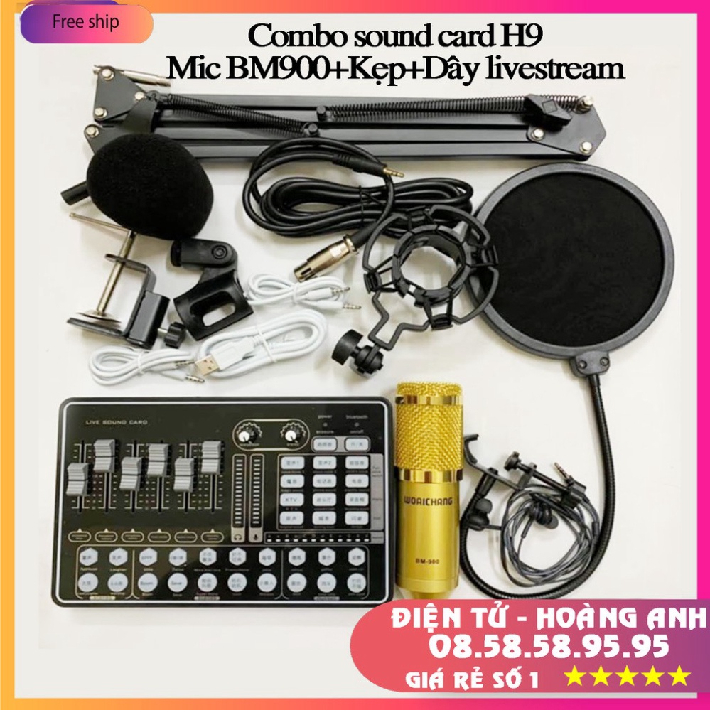 Combo bộ mic thu âm BM900+800 sound card H9 dây live stream chân màng-bộ livestream sound card H9 có bluetooth auto-tune