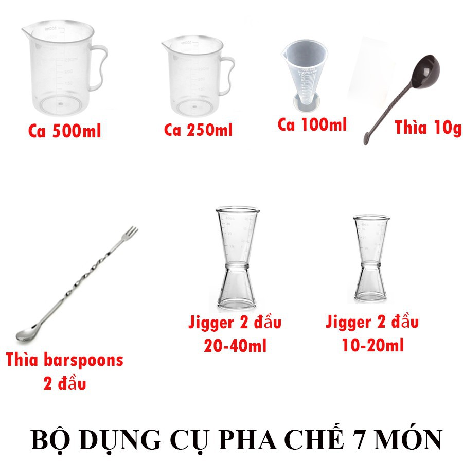 Bộ dụng cụ pha chế 7 món (ca 500-250-100ml, thìa nâu, thìa khuấy inox, jigger 10/20 - 20/40ml)