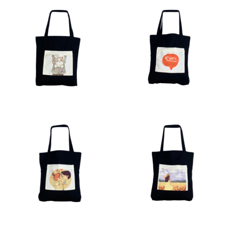 Túi đeo chéo canvas, túi tote đeo chéo nữ vải canvas màu đen in hình túi phụ ngoài TUCANVAS TCV13 | BigBuy360 - bigbuy360.vn