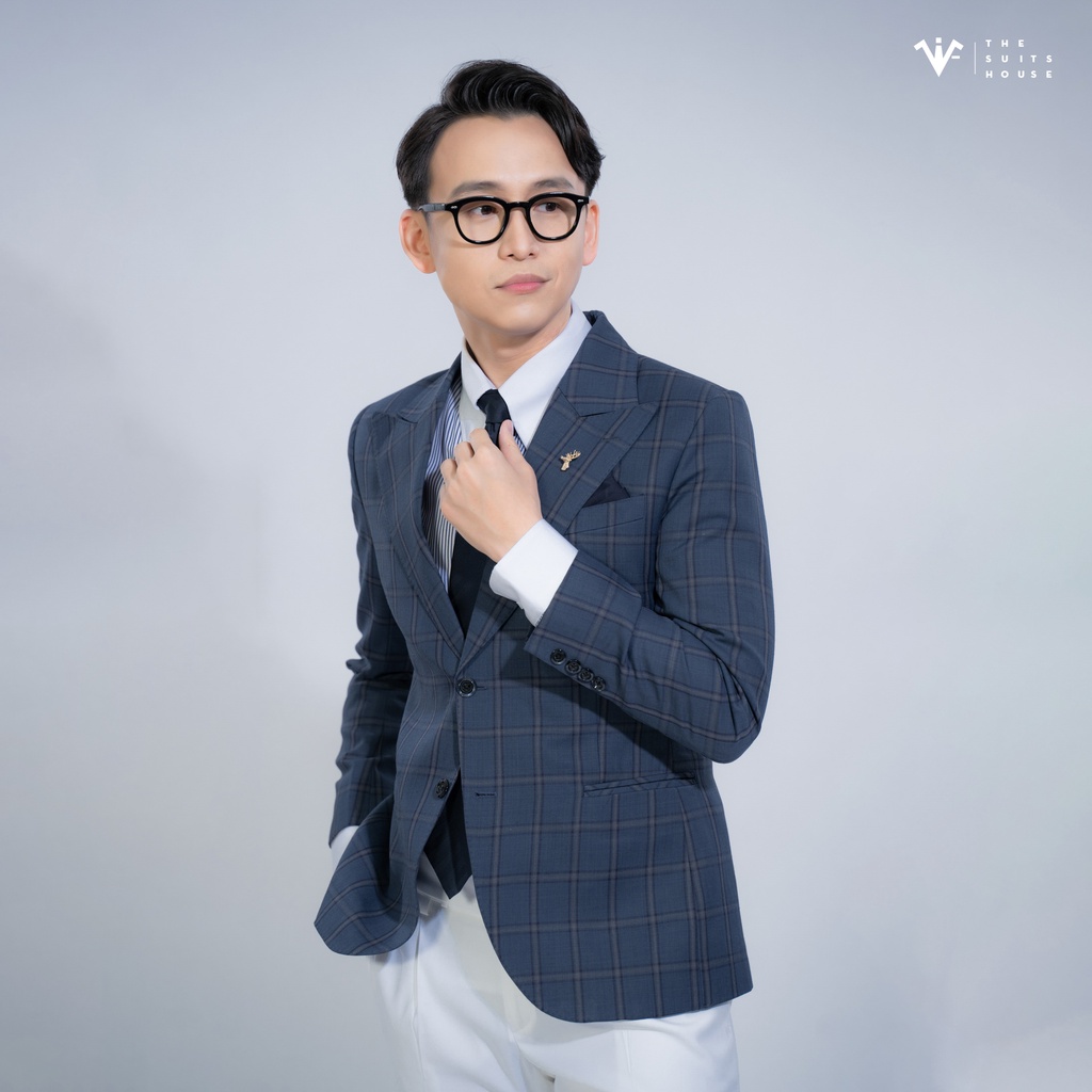 Bộ vest nam xanh caro phối trắng, 2 khuy 2 túi, chất wool The Suits House