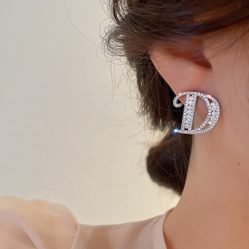 Bông Tai Mạ Bạc 2022 Hình Chữ D Đính Đá Zircon Phong Cách Hàn Quốc