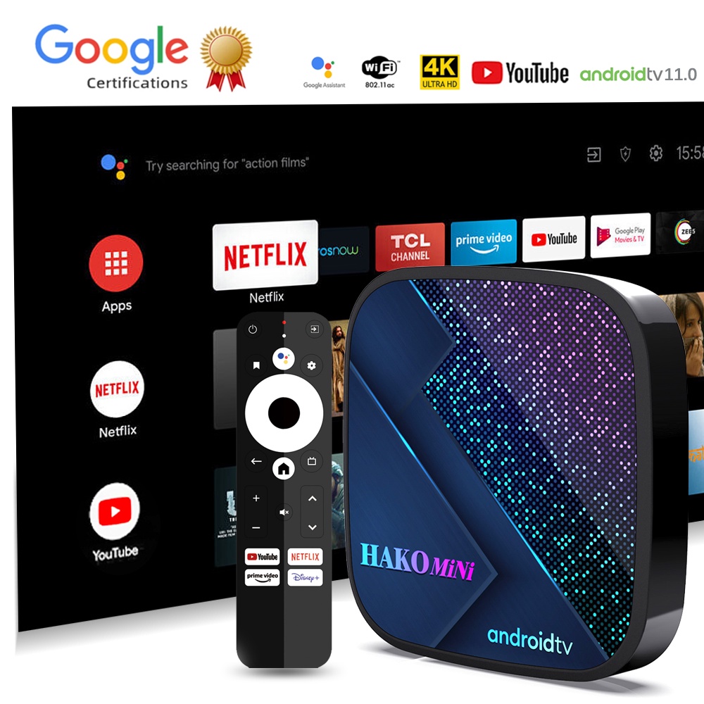 Android tv box hệ điều hành android 11.0 Bluetooth 5.0 wifi kép hỗ trợ xem Youtube Netflix 4K HD HAKOMiNi Y4 tv box