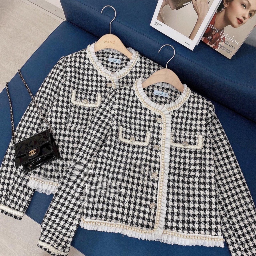 Áo khoác dạ nữ hàn quốc mùa thu đông dáng dài tay họa tiết đính viền ngọc 2 lớp Áo dạ tweed nữ tiểu thư kẻ có túi xinh
