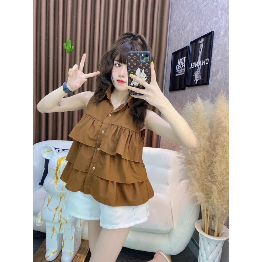 Áo kiểu nữ sát tay cổ sơ mi nhún bèo tầng thân trước phong cách bánh bèo, dễ thương dưới 52kg PC134