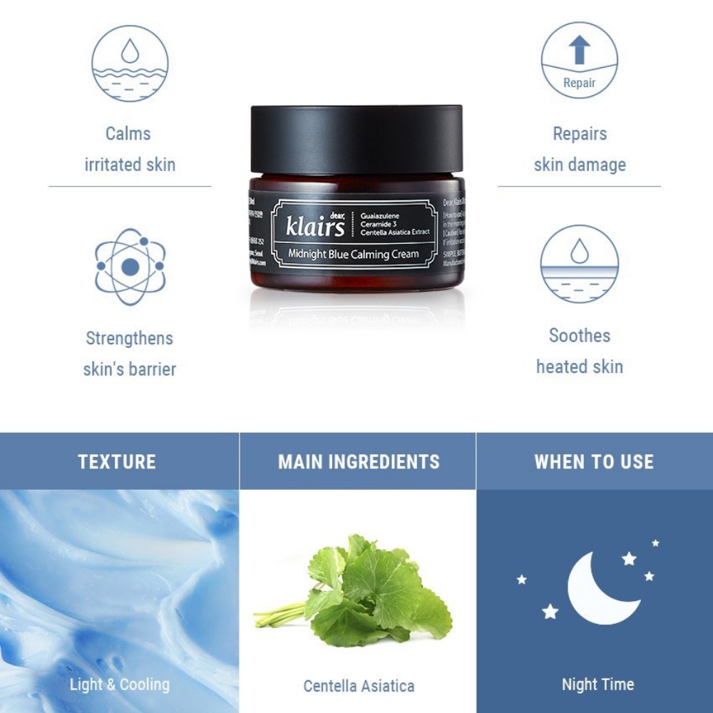 Kem dưỡng da ban đêm Dear Klairs Midnight Blue Calming Cream dạng tuýp 60ml phục hồi, cấp ẩm chuyên sâu