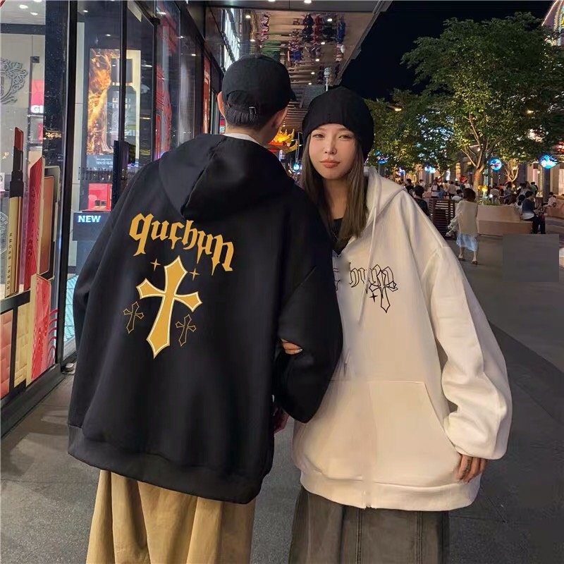 Áo hoodie chữ thập Qcbun Unisex [FREESHIP] Hoodies nỉ ngoại form rộng tay phồng kiểu dáng đường phố cá tính peonyb đẹp