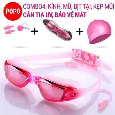 Bộ Kính bơi tráng gương POPO 1940 dùng cho nam nữ, trẻ em cho bé trên 6 tuổi