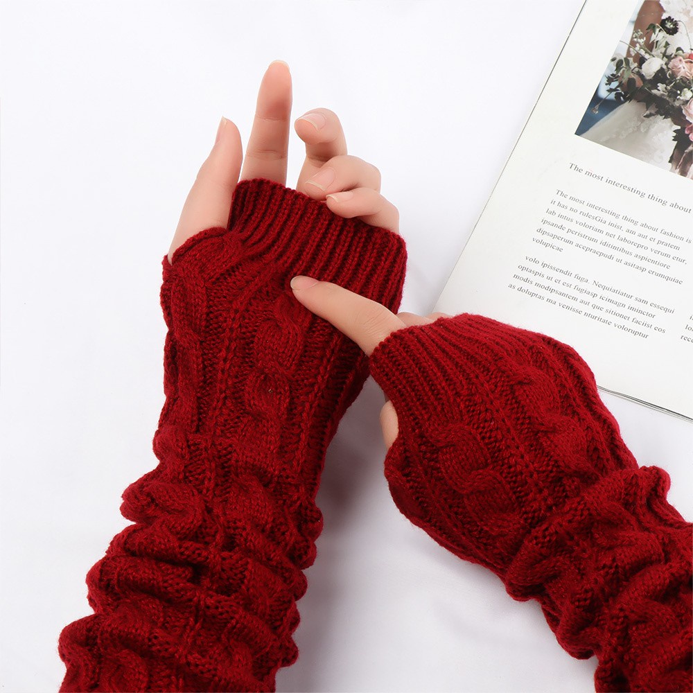 Găng Tay Len Dài 50cm Hở Ngón Phối Nút Thời Trang Thu Đông Cho Nữ