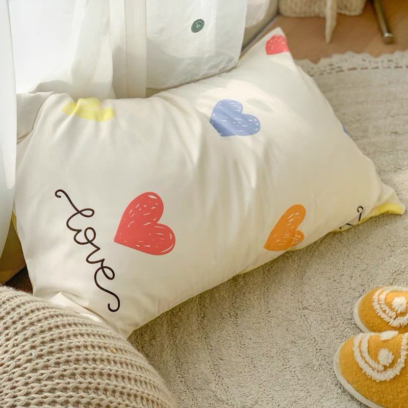 Bộ chăn ga gối cotton poly - tim nhiều màu pastel