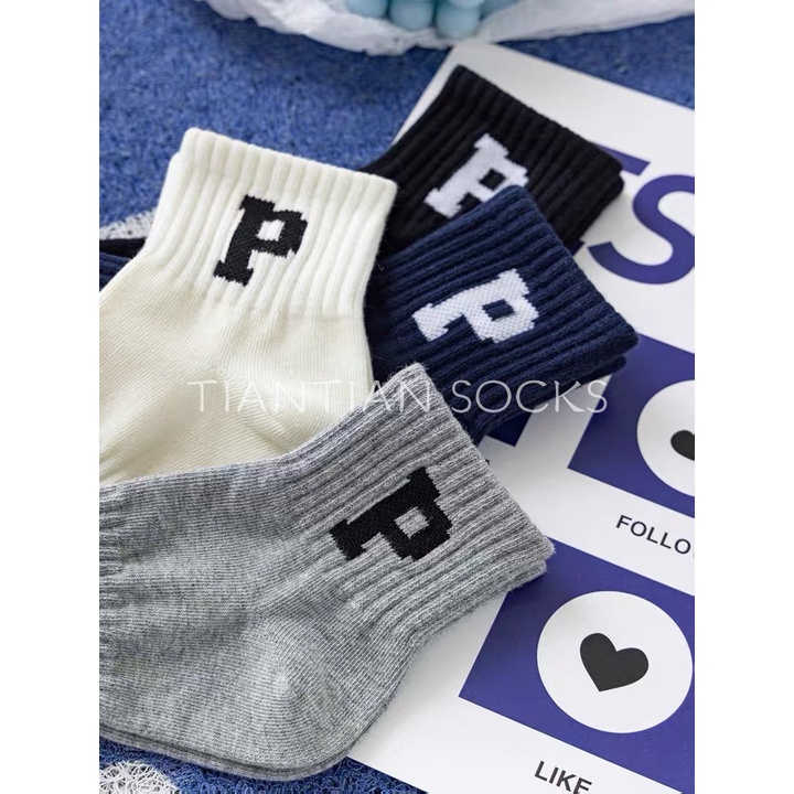 TIANTIAN T165 Vớ Thể Thao Cổ Ngắn Chất Liệu Cotton Thấm Hút Mồ Hôi In Chữ P Màu Đen / Trắng Phong Cách Nhật Bản Thời Trang Cho Nam Và Nữ