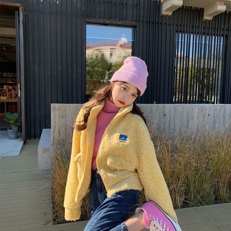 Áo khoác len lông cừu dày dặn ấm áp thiết kế mới thời trang thu đông cho nữ
