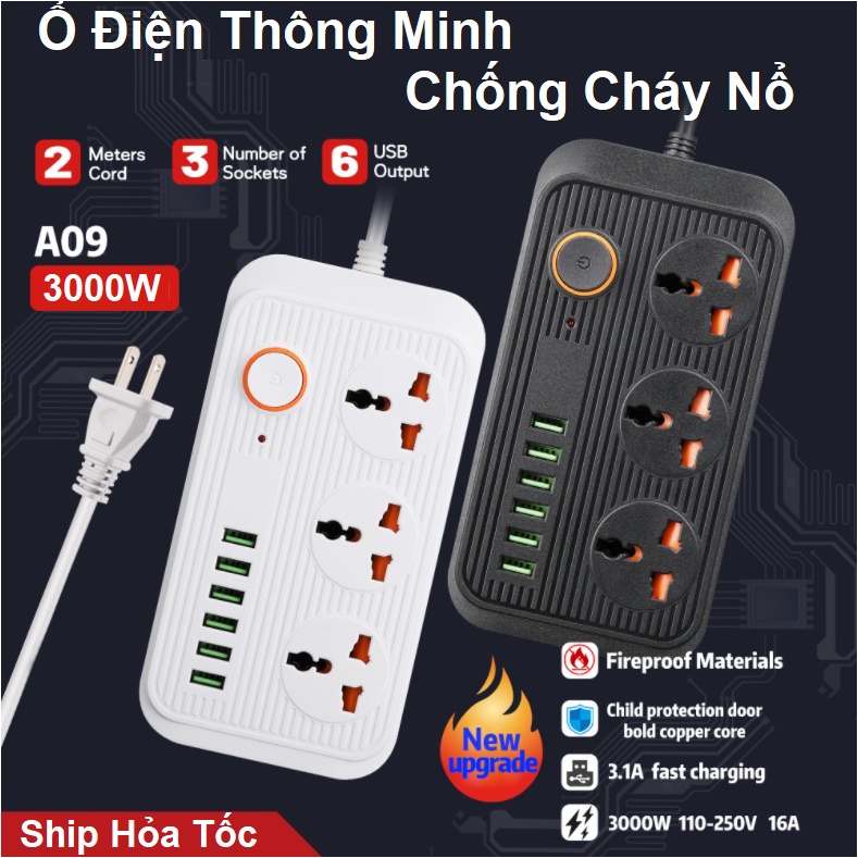 Ổ Điện Thông Minh A09 Tích Hợp 6 Cổng USB, Hỗ Trợ Sạc Nhanh Cho Điện Thoại QC3.0 - IC Chống Cháy Nổ 3000W - Bảo Hành 24T