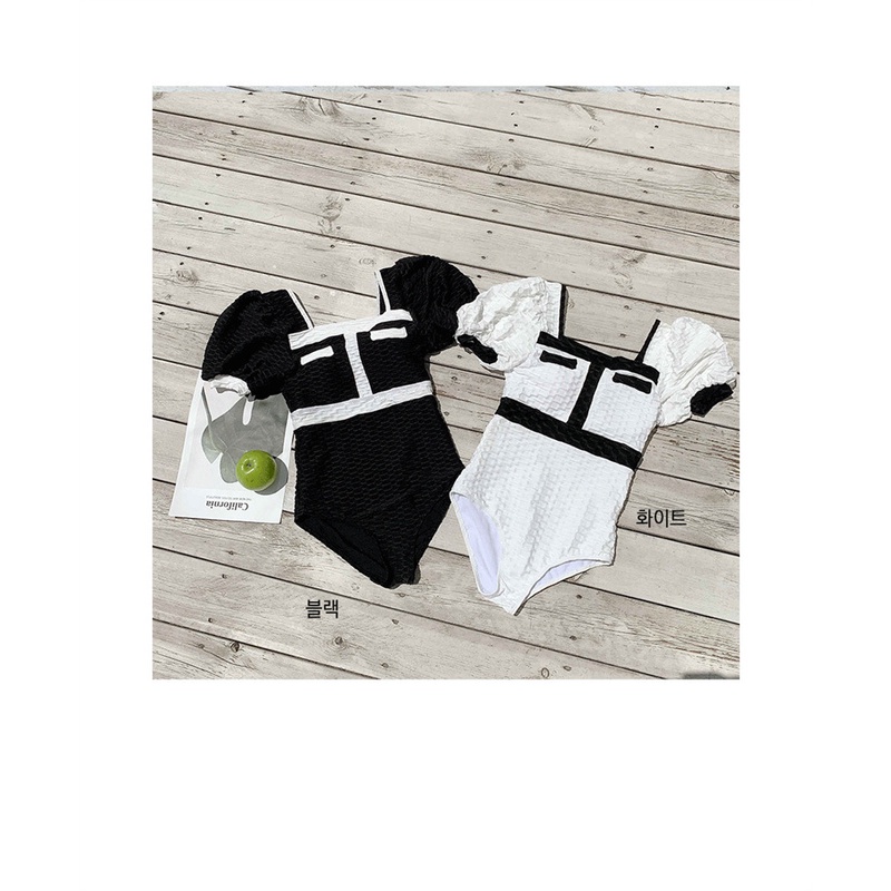 Mẫu mới 2023 bikini Hàn Quốc một mảnh kín đáo tay ngắn màu đen trắng cơ bản thun gân xịn, đồ bơi, đi biển