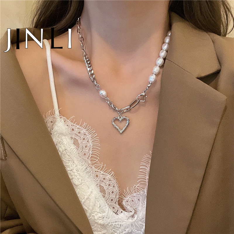 Dây chuyền hợp kim mặt trái tim chuỗi dây phối hạt ngọc trai nhân tạo thời trang