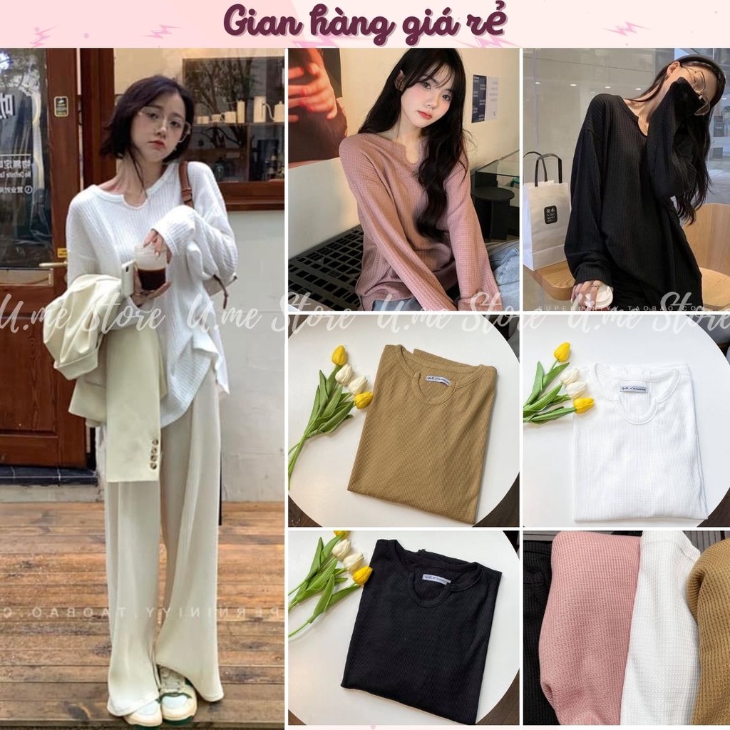 Áo dài tay nữ Xinging cổ khoét chữ U chất thun gân mịn đẹp Áo len tăm dài tay Ulzzang
