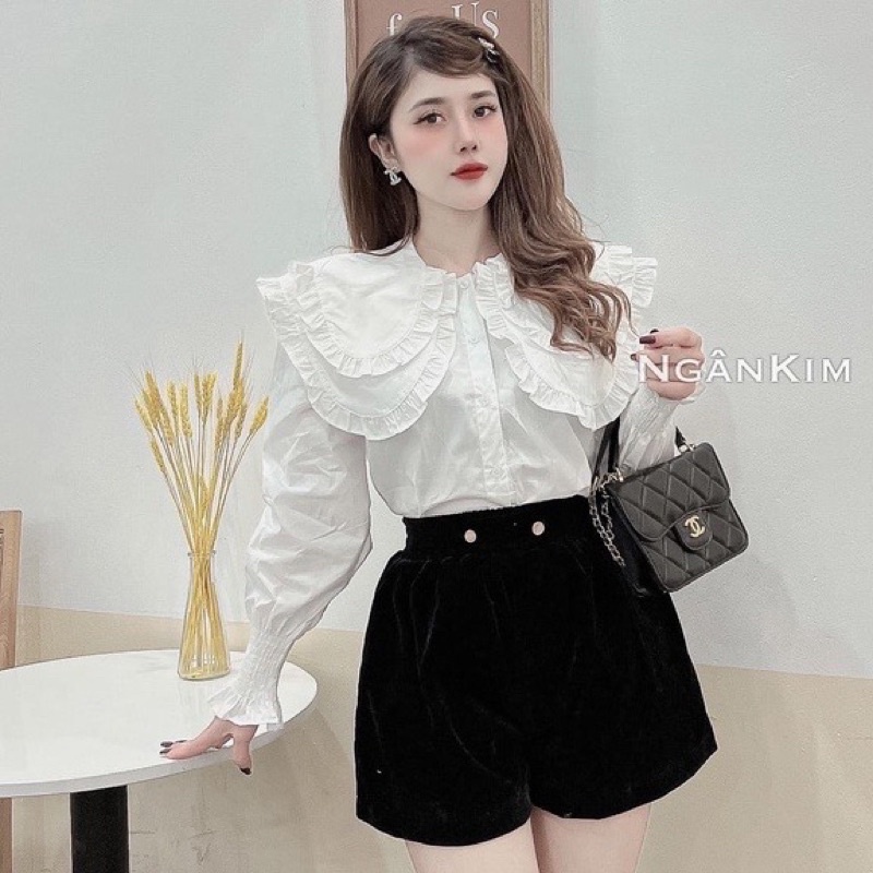 Áo sơ mi tiểu thư cổ sen hai lá dài tay