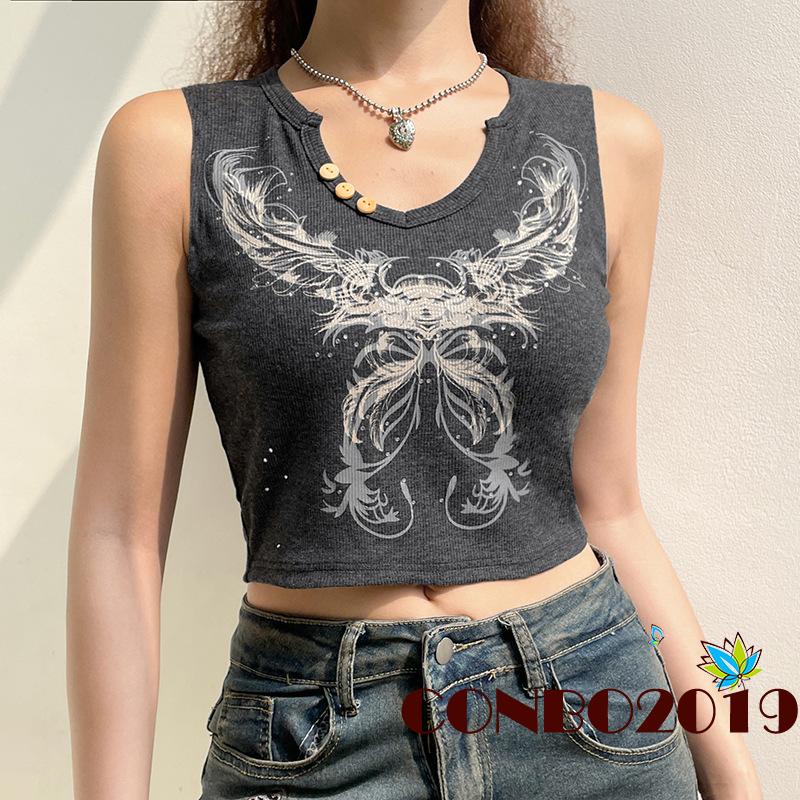 Áo Croptop Không Tay Cổ Chữ V In Họa Tiết Đính Đá Phong Cách Cổ Điển Cho Nữ