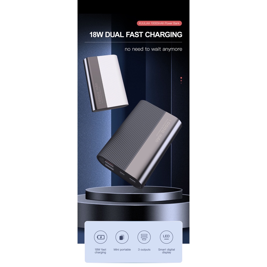 Sạc dự phòng KUULAA KL-YD09 10.000 mAh, sạc nhanh 18W, màn hình điện tử, kiểu dáng nhỏ gọn