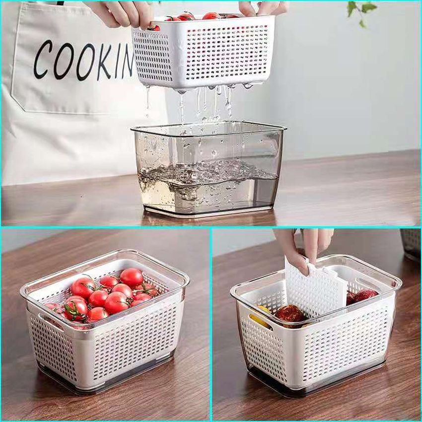 Hộp đựng thực phẩm 2 lớp hộp bảo quản thức ăn có lỗ thoát nước thoáng khí chất liệu bằng nhựa PP cứng cáp an toàn Angola