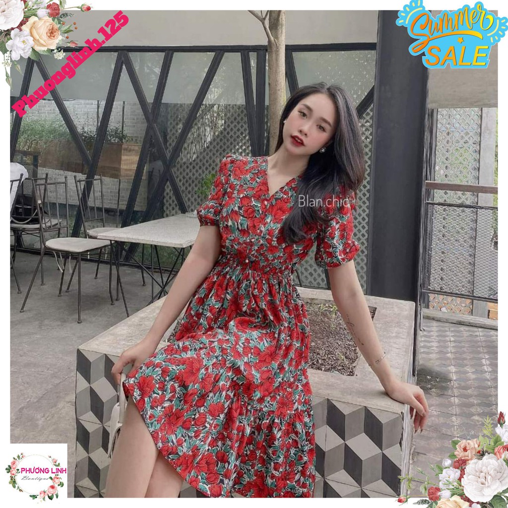 VÁY HOA ĐỎ VINTAGE CỔ V CHUN EO | BigBuy360 - bigbuy360.vn