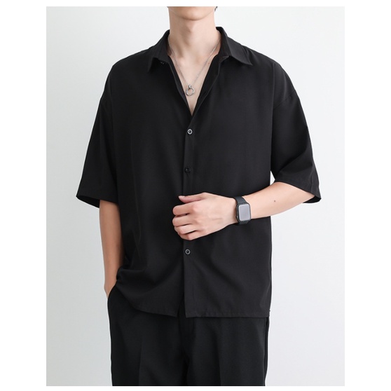 Áo Sơ Mi Nam Nữ Kiểu Dáng Hàn Quốc Form Rộng Lụa Mịn Free Size - Đen