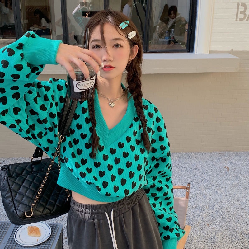 Áo Sweater Tay Dài Cổ Chữ V In Họa Tiết Trái Tim Thời Trang Hàn Quốc 2022 Cho Nữ