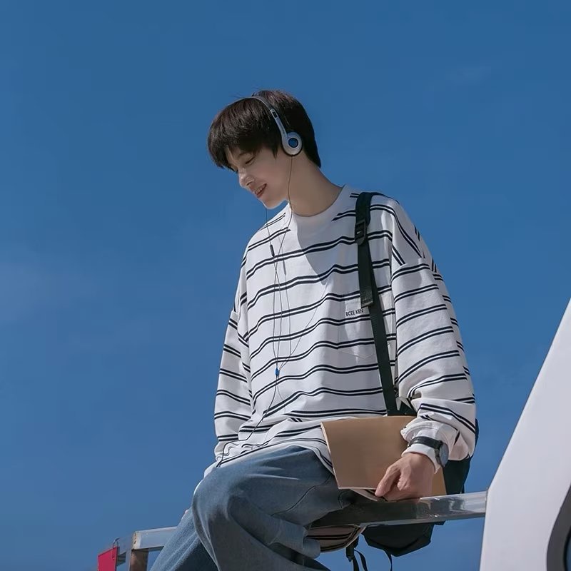 ✦AFFLIGA✦ Áo Thun Tay Dài Cổ Tròn Dáng Rộng Kẻ Sọc Màu Sắc Đơn Giản Thời Trang Mùa Thu Cho Nam
