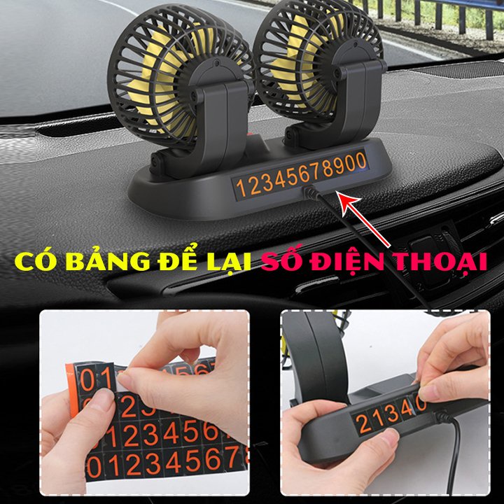 Quạt đôi mini 12V xoay 360 độ công suất lớn để xe ô tô xe hơi có bảng để lại số điện thoại 2 chế độ làm mát cực mạnh