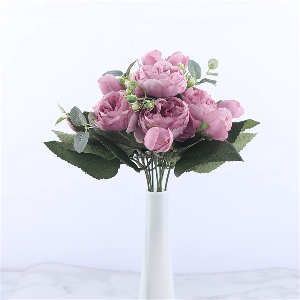 Bó hoa hồng lụa 9 đóa 30cm trang trí phong cách vintage