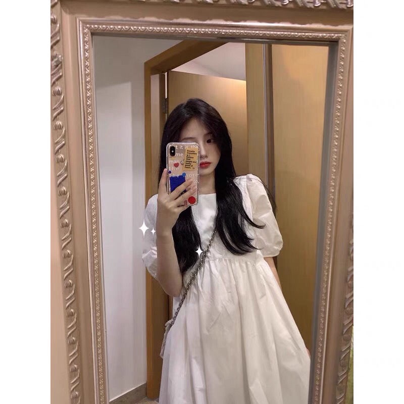 Đầm dài ngang gối màu trắng phong cách retro thời trang cho nữ