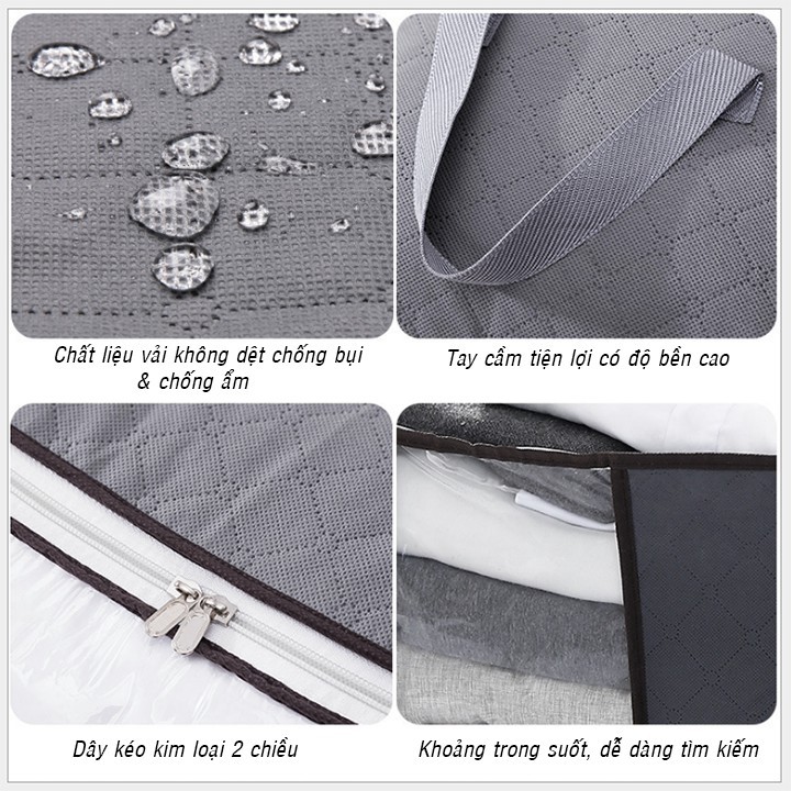 Túi đựng quần áo chăn màn bằng vải không dệt size lớn, Túi đựng đồ dáng ngang, có quai xách và khóa kéo 008958