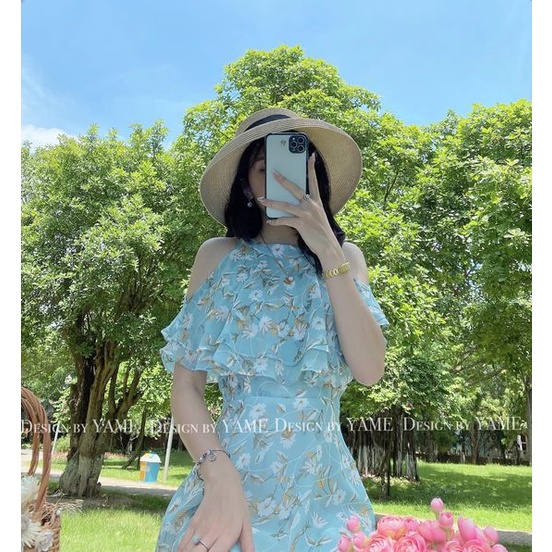 Váy đầm nữ voan hoa nhí khoét vai đi biển đi chơi Lace Dress màu xanh YAME