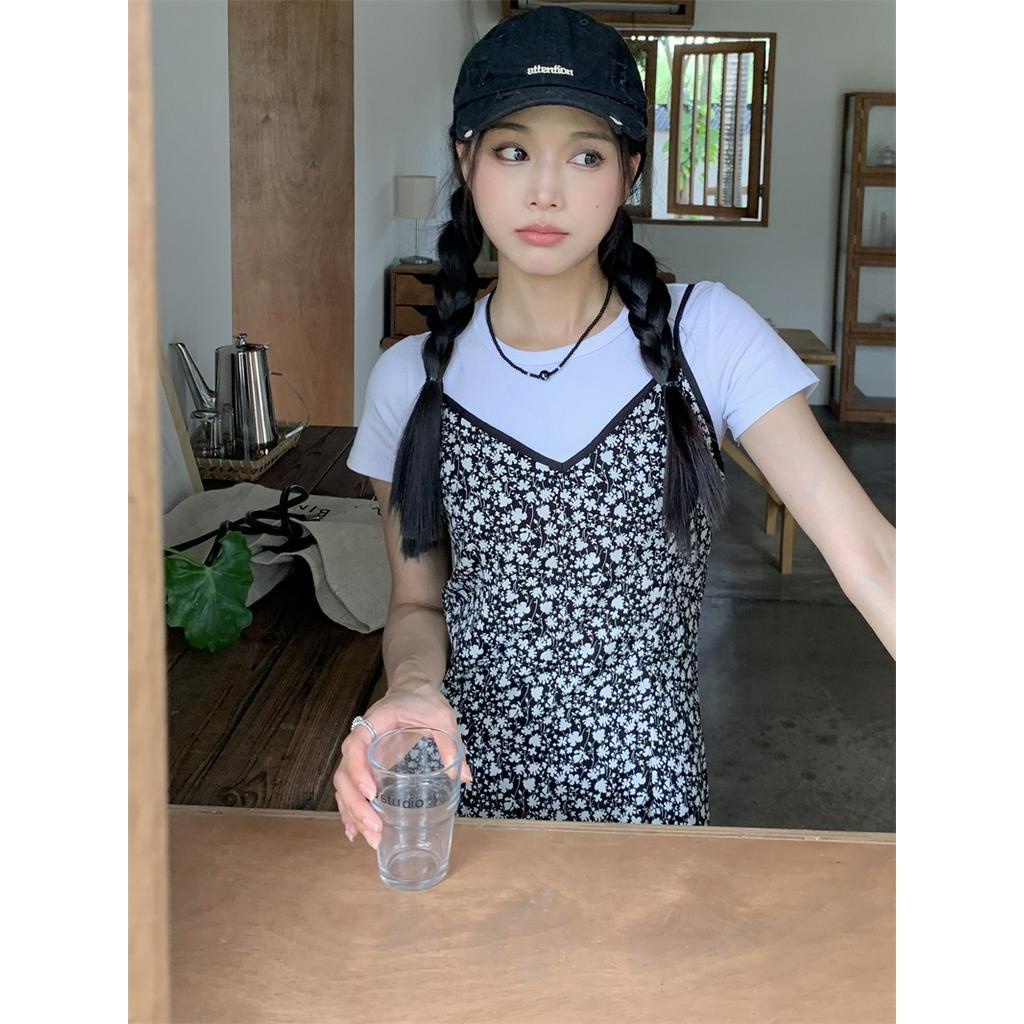 Jumpsuit Hai Dây / Áo Thun Trơn Màu Họa Tiết Hoa Phong Cách Mới 65412