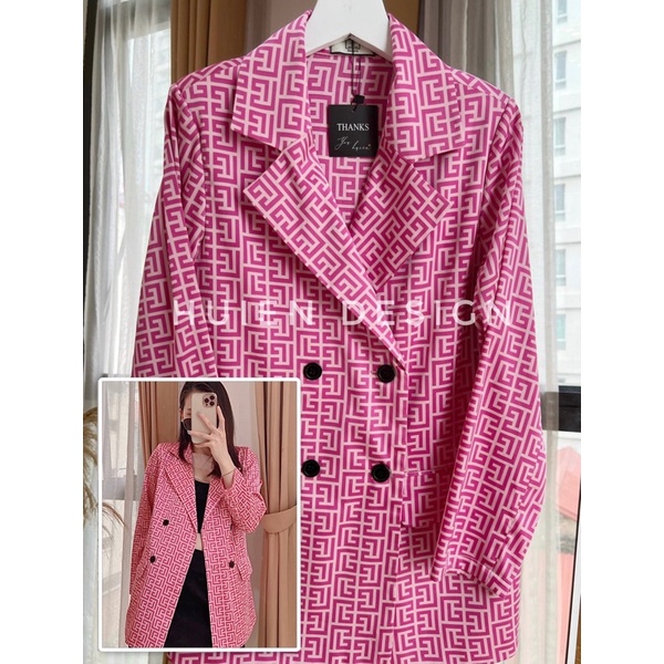 Áo khoác blazer nữ 1 lớp dáng dài họa tiết chất vải mát, có độn vai hàng thiết kế Huien Design độc đáo, áo vest nữ