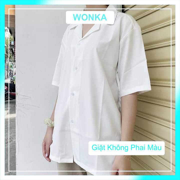 Áo sơ mi Trắng Đen Cổ Vest ngắn tay form rộng unisex nam nữ vải lụa | BigBuy360 - bigbuy360.vn