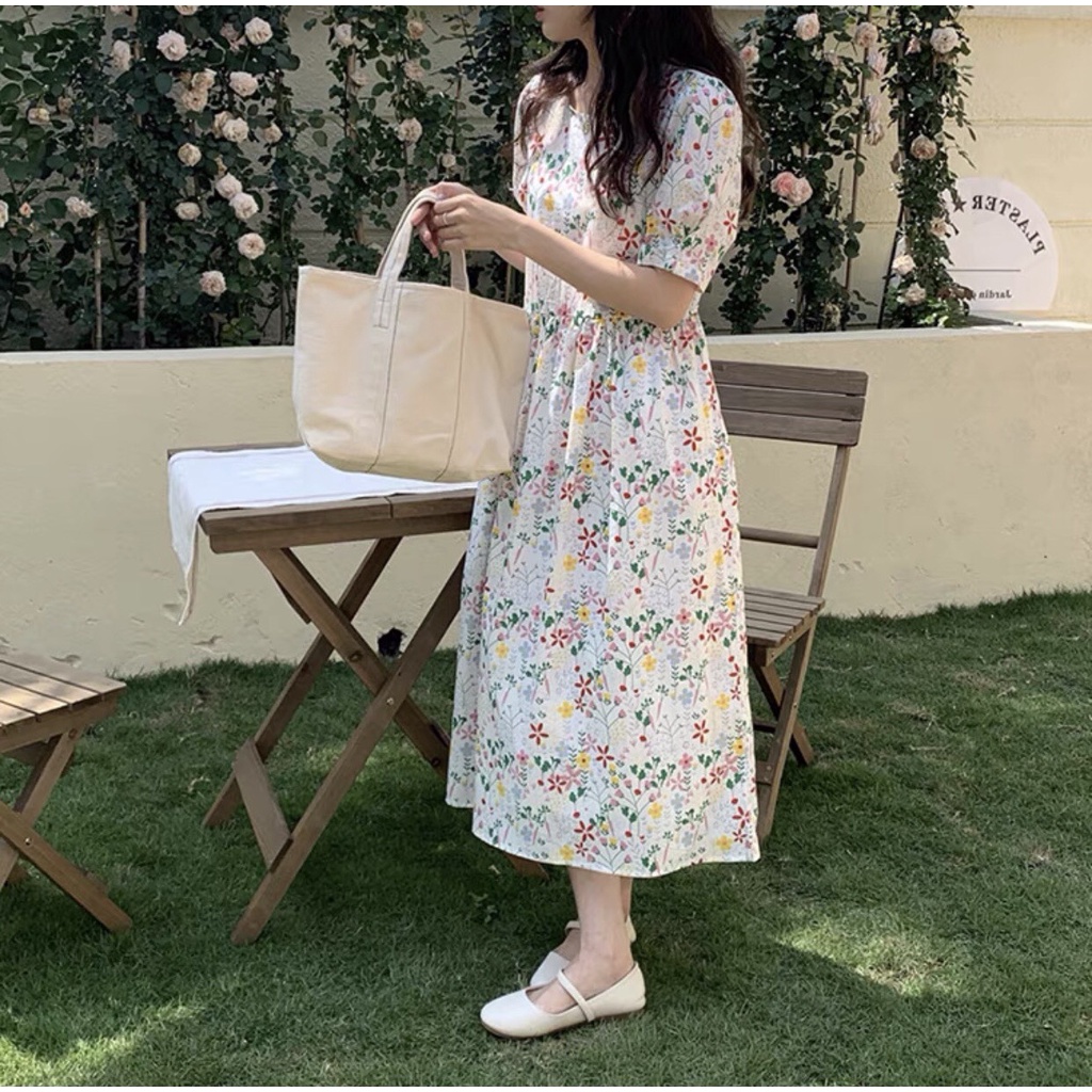 Váy babydoll thô hoa nhí thắt nơ ulzzang - Đầm hoa thô dáng babydoll