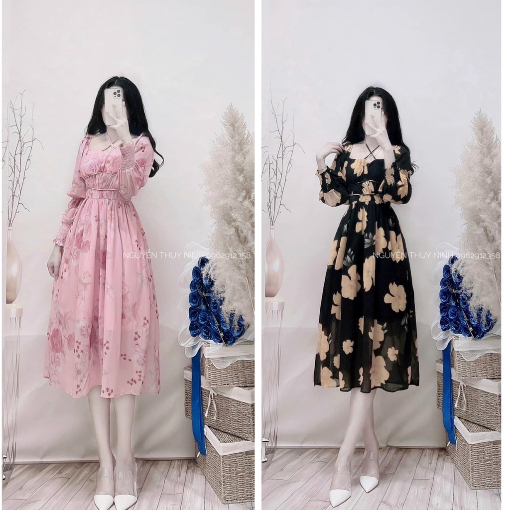Váy đầm nữ dáng xòe họa tiết hoa tay dài chất voan cao cấp 2 lớp mềm mịn