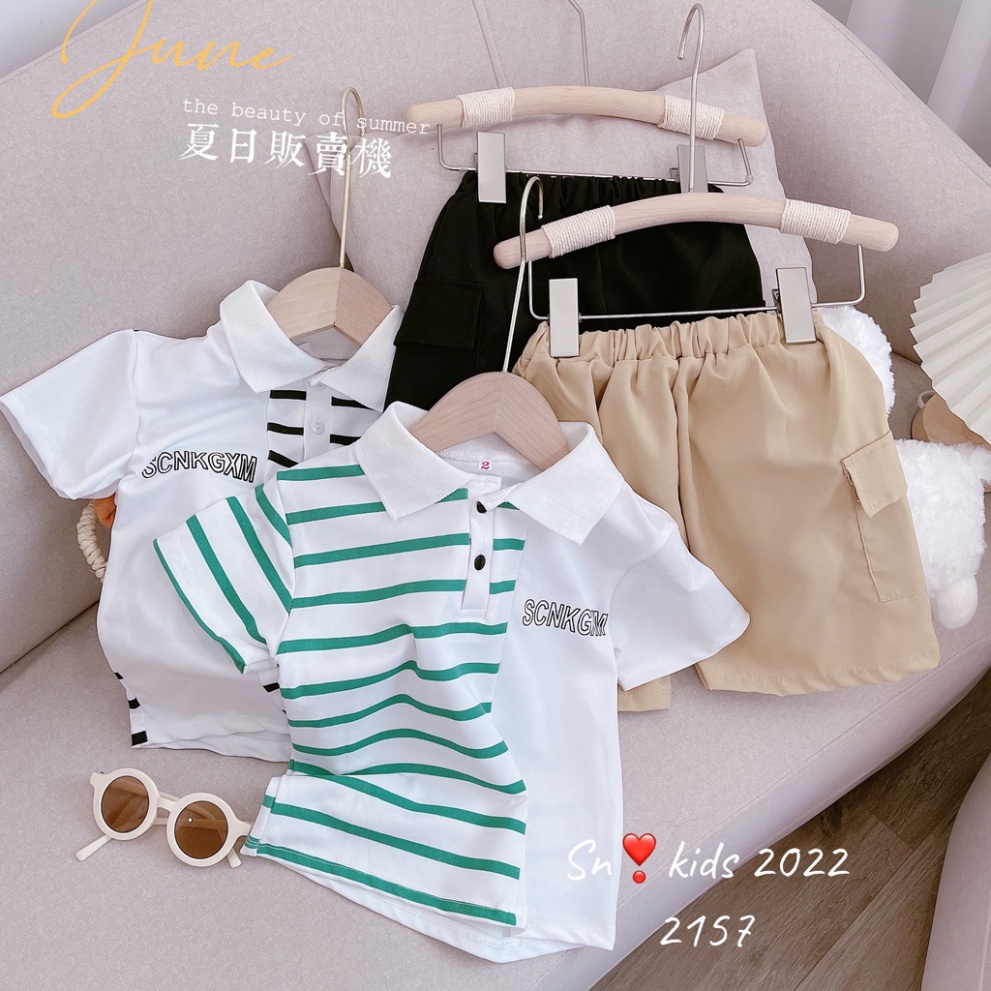 Quần áo mùa hè bé trai,  Bộ quần áo có cổ sọc kẻ nửa thân cá sấu cho bé size 10-30kg