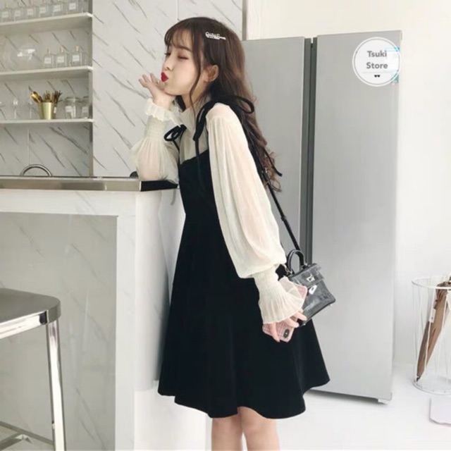 Set váy yếm nhung ulzzang kèm ảnh thật👑