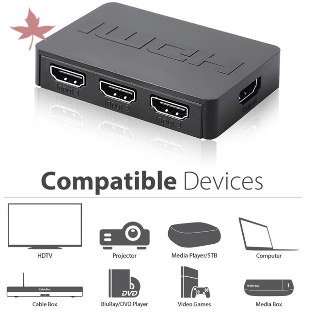 HDMI Splitter 3 Port Hub Box Auto Switch 3 In 1 Out Switcher 1080p HD with Remote Control for PS3